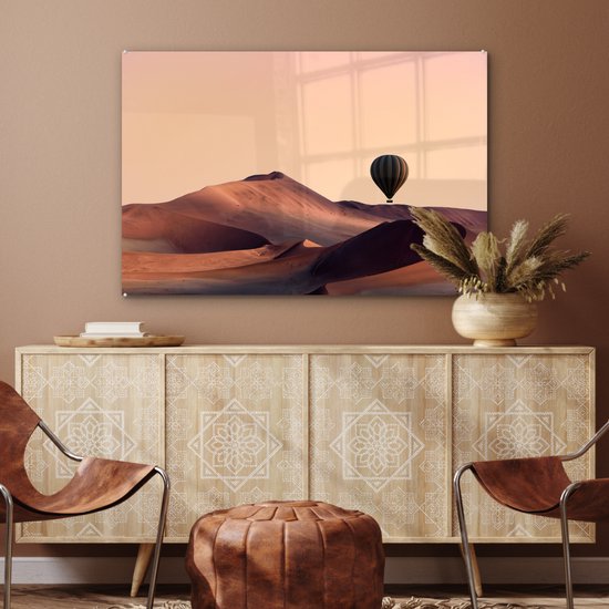 ® Glasschilderij 90x60 cm - Schilderij acrylglas - De zand duinen in het Namibische Namib-Naukluft park terwijl de zon ondergaat - Foto op glas - Muurdecoratie woonkamer - Wanddecoratie slaapkamer - Schilderijen