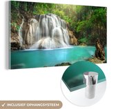 MuchoWow® Glasschilderij 40x20 cm - Schilderij acrylglas - Bos - Waterval - Natuur - Foto op glas - Schilderijen