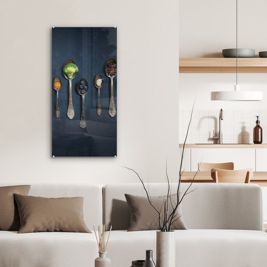 MuchoWow® Peinture sur verre 40x80 cm - Peinture sur verre acrylique - Herbes - Cuillère - Argent - Épices - Industriel - Photo sur verre - Peintures
