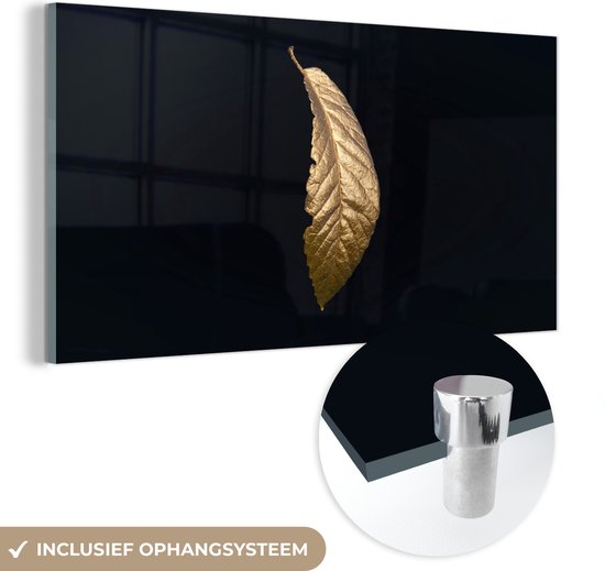 MuchoWow® Glasschilderij 80x40 cm - Schilderij acrylglas - Bladeren - Luxe - Goud - Zwart - Natuur - Foto op glas - Schilderijen