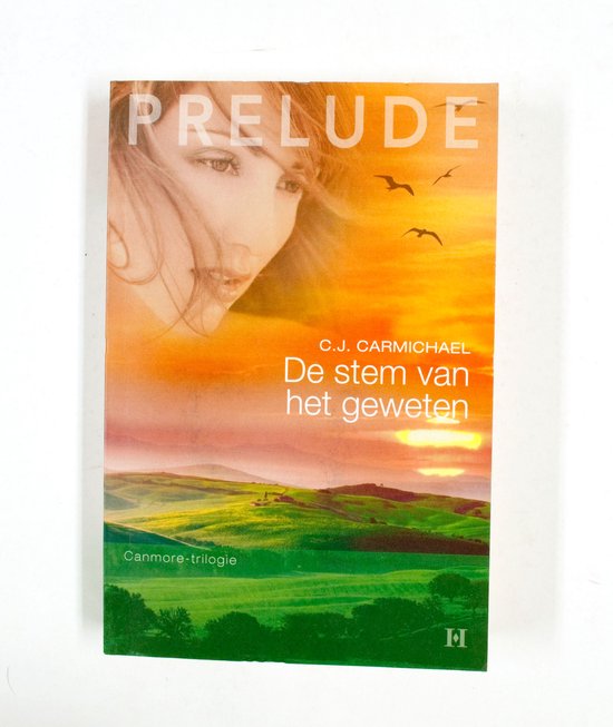 Boek 'De stem van het geweten' van C.J. Carmichael. Voorzijde met dramatische zonsondergang boven glooiende heuvels en een portret van een vrouw.