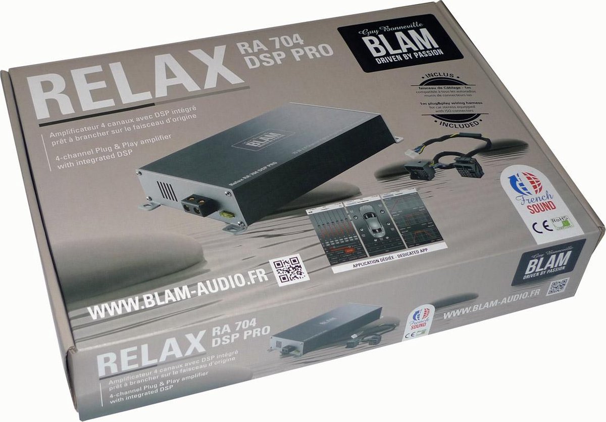 Blam RA 704 DSP PRO regelbare audioversterker met bluetooth + app.  Plug&Play kabel voor Audi/BMW/Ford/Opel/Seat/Skoda/VW