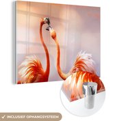 MuchoWow® Glasschilderij 120x90 cm - Schilderij acrylglas - Kussende flamingo's - Foto op glas - Schilderijen