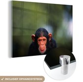 MuchoWow® Glasschilderij 60x40 cm - Schilderij acrylglas - Chimpansee aap tegen vervaagde achtergrond - Foto op glas - Schilderijen