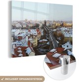 MuchoWow® Glasschilderij 180x120 cm - Schilderij acrylglas - Praag - Winter - Sneeuw - Foto op glas - Schilderijen
