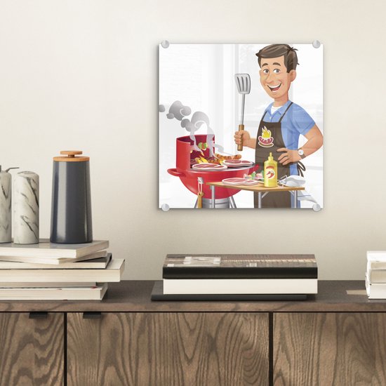 MuchoWow® Peinture sur verre 20x20 cm - Peinture sur verre acrylique - Illustration d'un homme préparant de la nourriture sur le barbecue - Photo sur verre - Peintures
