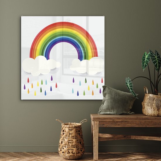 Peinture sur verre - un arc-en-ciel avec des nuages et des gouttes d'arc-en-ciel - 90x90 cm - Peintures sur Verre Peintures - Photo sur Glas