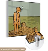 MuchoWow® Glasschilderij 90x90 cm - Schilderij acrylglas - Een illustratie van een duiker op een steiger - Foto op glas - Schilderijen