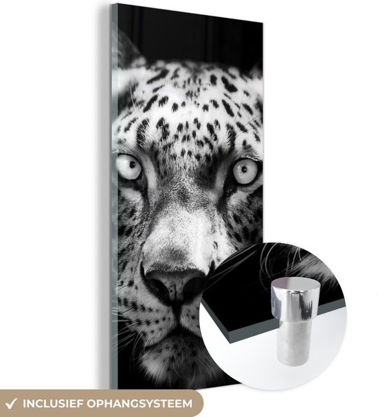 MuchoWow® Glasschilderij 40x80 cm - Schilderij acrylglas - Dierenprofiel Perzische panter in zwart-wit - Foto op glas - Schilderijen