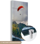 MuchoWow® Glasschilderij 60x120 cm - Schilderij acrylglas - Alpen - Paragliding - Sneeuw - Foto op glas - Schilderijen