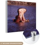 MuchoWow® Glasschilderij 20x20 cm - Schilderij acrylglas - Nijlpaard - Water - Bek - Foto op glas - Schilderijen