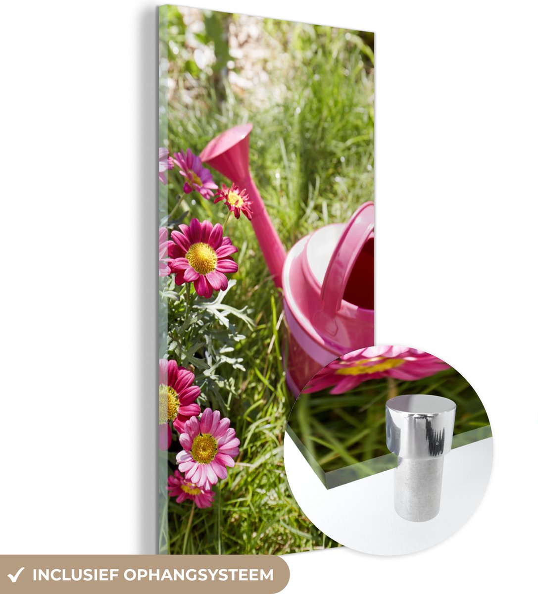 ® Glasschilderij 60x120 cm - Schilderij acrylglas - Bloemen - Gieter - Roze - Foto op glas