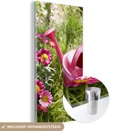 MuchoWow® Glasschilderij 60x120 cm - Schilderij acrylglas - Bloemen - Gieter - Roze - Foto op glas - Schilderijen