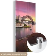 MuchoWow® Glasschilderij 60x120 cm - Schilderij acrylglas - Zonsopgang achter de Sydney Harbour Bridge in Australië - Foto op glas - Schilderijen
