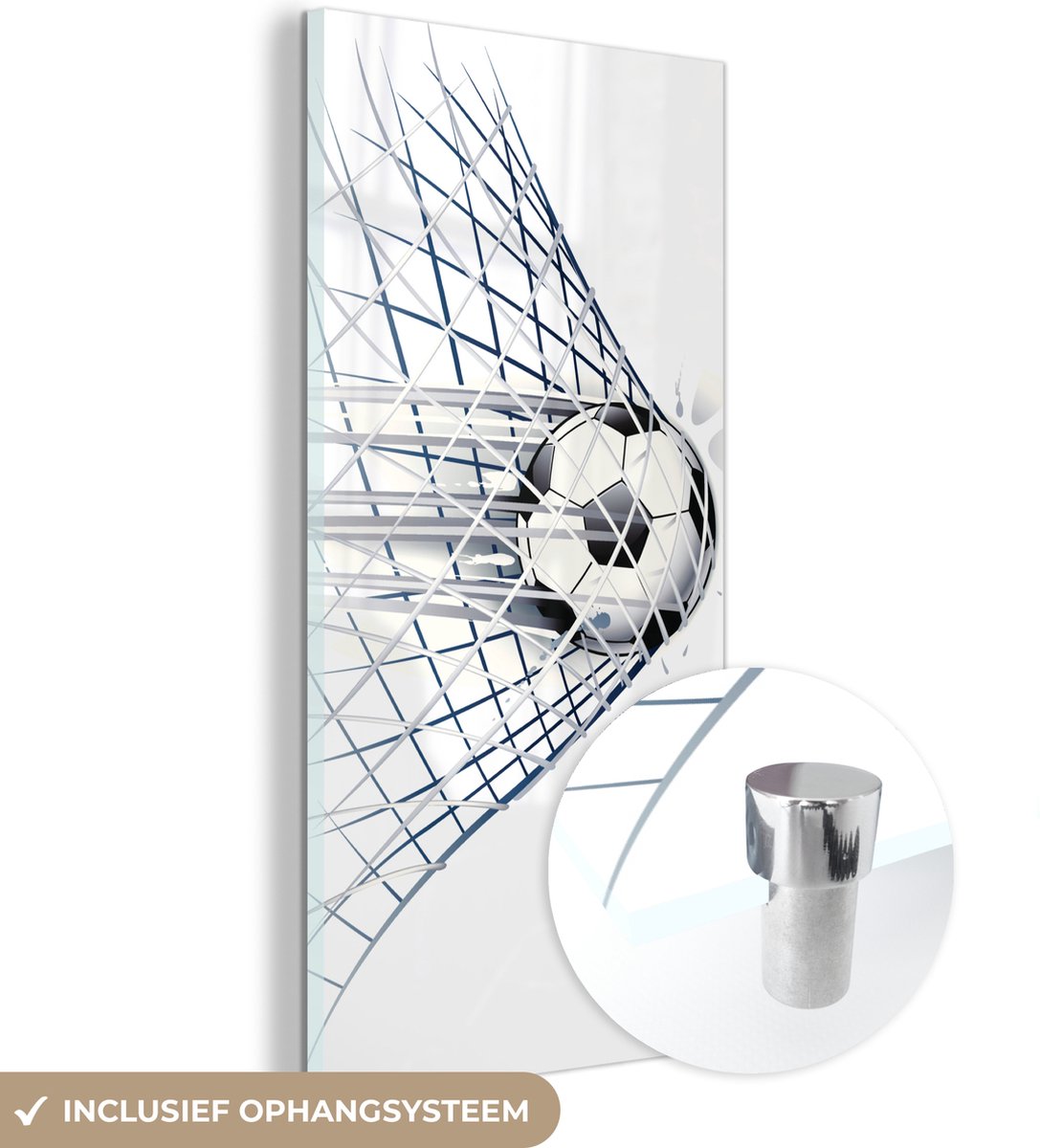 ® Glasschilderij 20x40 cm - Schilderij acrylglas - Een illustratie van een voetbal die het doel in gaat - Jongetjes - Meisjes - Kids - Foto op glas - Muurdecoratie woonkamer - Wanddecoratie slaapkamer - Schilderijen