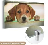 MuchoWow® Glasschilderij 80x40 cm - Schilderij acrylglas - Een puppy kijkt door een hek heen - Foto op glas - Schilderijen