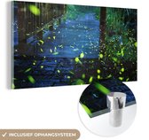 MuchoWow® Glasschilderij 120x60 cm - Schilderij acrylglas - Vuurvliegjes over een brug - Foto op glas - Schilderijen
