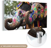 MuchoWow® Glasschilderij 160x80 cm - Schilderij acrylglas - Twee beschilderde olifanten - Foto op glas - Schilderijen