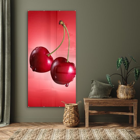MuchoWow® Glasschilderij 80x160 cm - Schilderij acrylglas - Kersen - Fruit - Rood - Foto op glas - Schilderijen