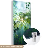 MuchoWow® Glasschilderij 80x160 cm - Schilderij acrylglas - De zon schijnend door de bossen van een regenwoud in Maleisië - Foto op glas - Schilderijen