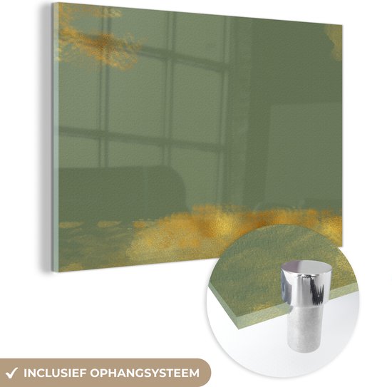 MuchoWow® Glasschilderij 30x20 cm - Schilderij acrylglas - Patronen - Verf - Goud - Groen - Foto op glas - Schilderijen