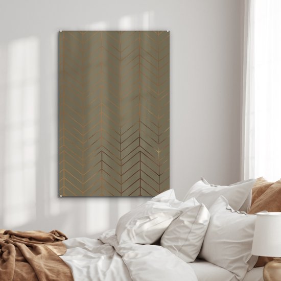 Peinture sur verre MuchoWow 60x90 cm - Peinture acrylique sur verre - Motifs - Vert - Ligne - Or - Photo sur verre - Peintures