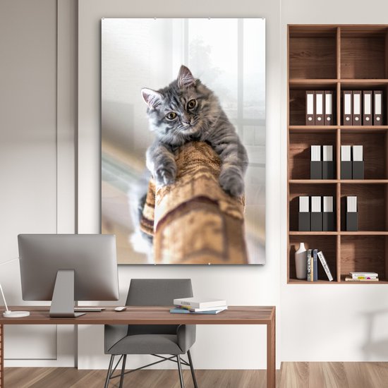 MuchoWow® Peinture sur Verre - Chat - Arbre à Chat - Grijs - 100x150 cm - Peintures sur Verre Acrylique - Photo sur Glas