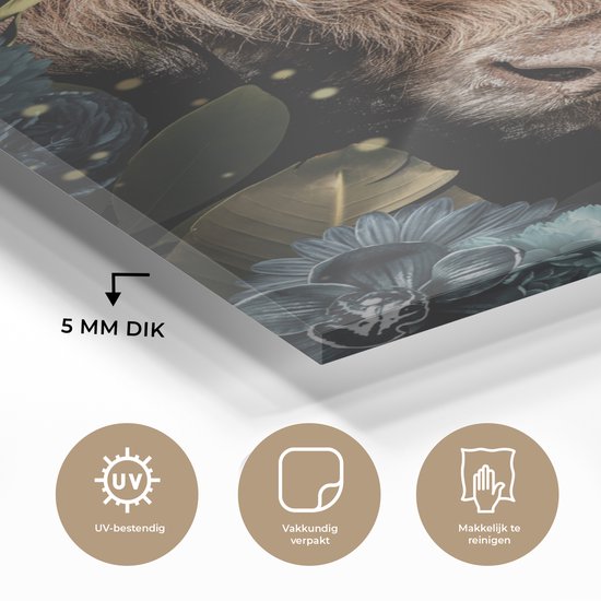 MuchoWow® Peinture sur Verre - Highlander écossais - Fleurs - Or - 80x120 cm - Peintures sur Verre Acrylique - Photo sur Glas