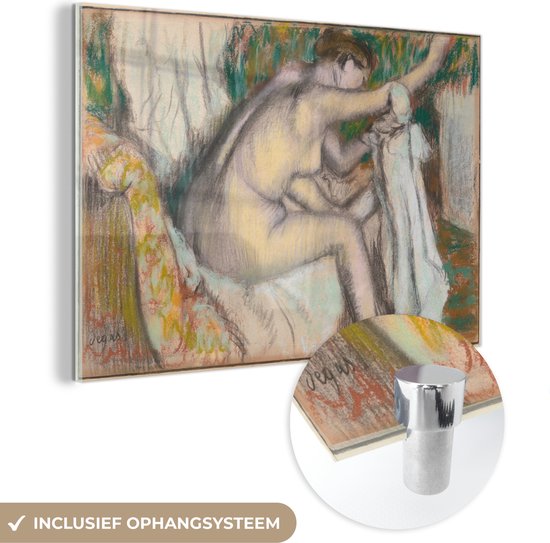 MuchoWow® Glasschilderij 180x120 cm - Schilderij acrylglas - Woman Drying Her Arm - Schilderij van Edgar Degas - Foto op glas - Schilderijen