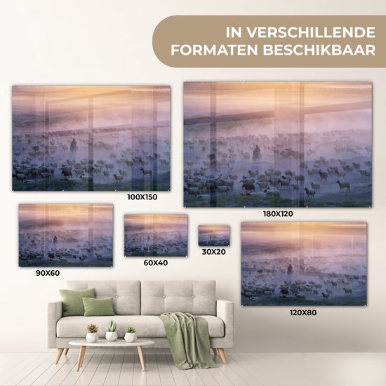Peinture sur verre - Herder sur un chevalet entre troupeau de moutons dans le brouillard - 180x120 cm - Peintures sur Verre Peintures - Photo sur Glas