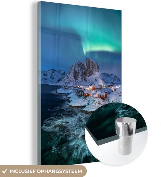 MuchoWow® Glasschilderij 120x180 cm - Schilderij acrylglas - Het noorderlicht boven vissersdorp in de Lofoten - Foto op glas - Schilderijen