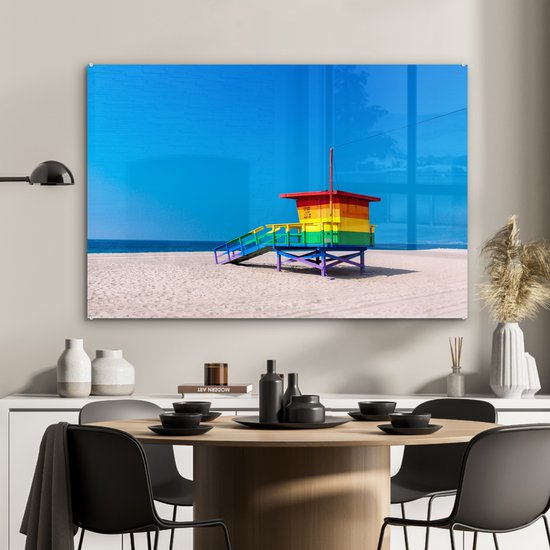 MuchoWow® Glass Painting - Rainbow Hut on the Beach in Venice Beach - 120x80 cm - Peintures sur Verre Peintures - Photo sur Glas