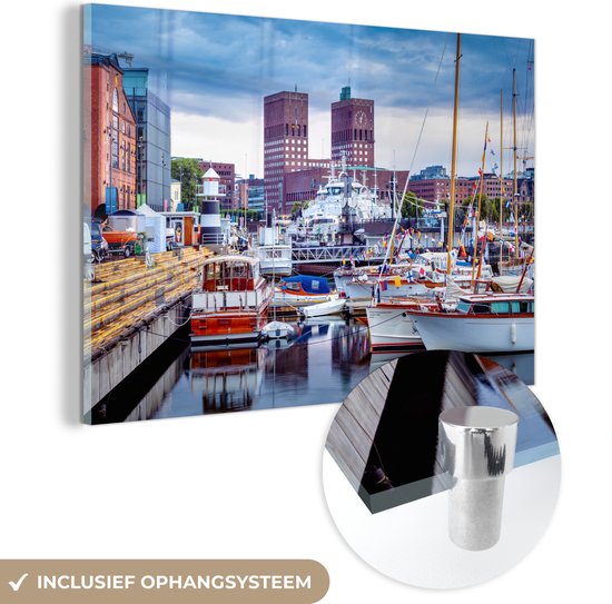 MuchoWow® Glasschilderij 30x20 cm - Schilderij acrylglas - Haven - Boot - Oslo - Foto op glas - Schilderijen