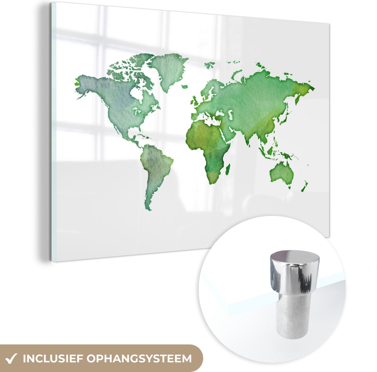 ® Glasschilderij 60x40 cm - Schilderij acrylglas - Wereldkaart - Waterverf - Groen - Foto op glas - Muurdecoratie woonkamer - Wanddecoratie slaapkamer - Schilderijen