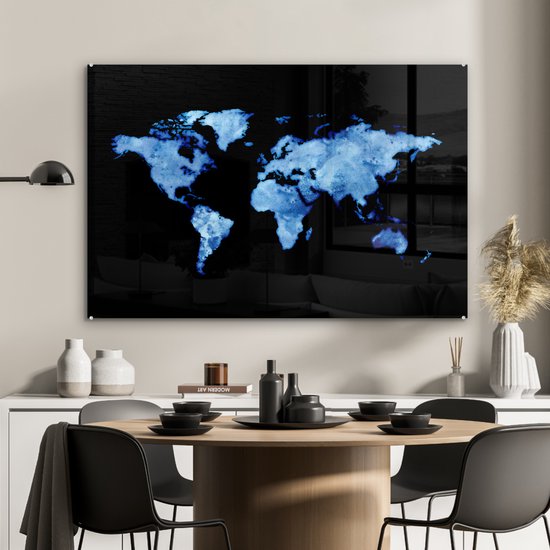 Peinture sur Verre - Carte du Wereldkaart - Aquarelle - Bleu Clair - 90x60 cm - Peintures sur Verre Peintures - Photo sur Glas