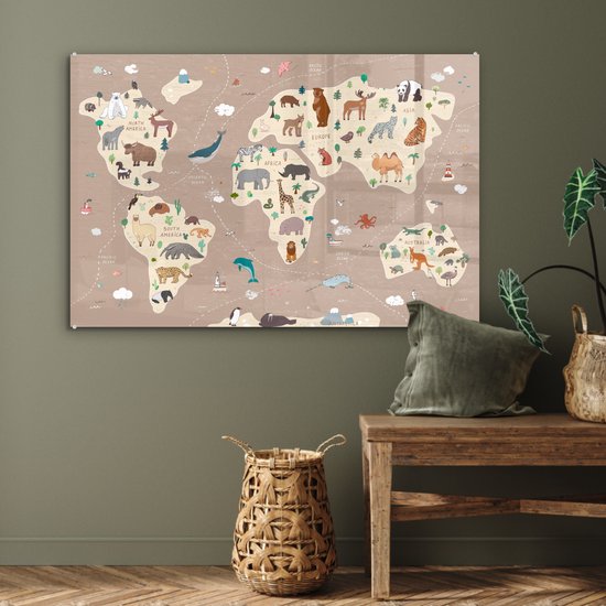 Peinture sur Verre - Carte du Wereldkaart pour Enfants - Terre - Animaux - 120x80 cm - Peintures sur Verre Peintures - Photo sur Glas