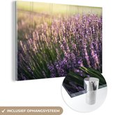 MuchoWow® Glasschilderij 60x40 cm - Schilderij acrylglas - Lavendel in een veld - Foto op glas - Schilderijen