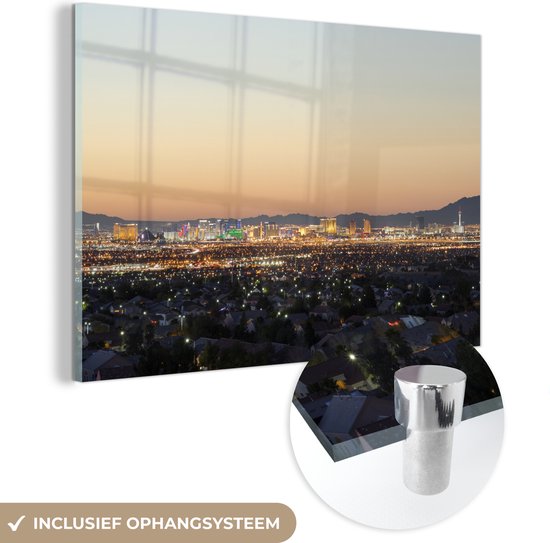 MuchoWow® Glasschilderij 90x60 cm - Schilderij acrylglas - Zonsondergang - Las Vegas - Oranje - Foto op glas - Schilderijen