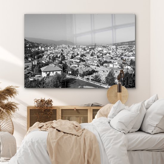 MuchoWow® Peinture sur verre 150x100 cm - Peinture sur verre acrylique - Toits traditionnels de Sarajevo en Bosnie-Herzégovine - noir et blanc - Photo sur verre - Peintures