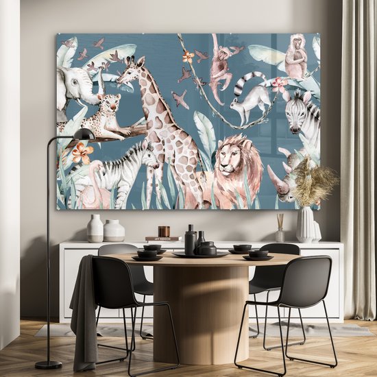 MuchoWow® Peinture sur verre 150x100 cm - Peinture sur verre acrylique - Peinture aquarelle - Jungle - Animaux - Garçons - Blauw - Enfants - Photo sur verre - Peintures