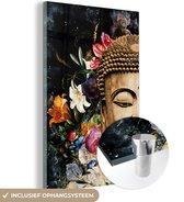 MuchoWow® Glasschilderij 20x30 cm - Schilderij acrylglas - Boeddha - Bloemen - Standbeeld - Foto op glas - Schilderijen