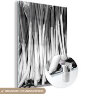 MuchoWow® Glasschilderij 30x40 cm - Schilderij acrylglas - Langwerpige sint-jansuien opgestapeld in een krat - zwart wit - Foto op glas - Schilderijen