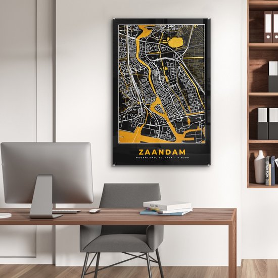 MuchoWow® Peinture sur verre 60x90 cm - Peinture acrylique sur verre - Plan - Zaandam - Or - Zwart - Photo sur verre - Peintures - Plan de ville
