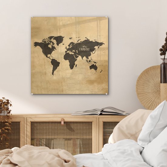 Peinture sur Verre - Carte du Wereldkaart - Vintage - Voyages - 50x50 cm - Peintures sur Verre Peintures - Photo sur Glas