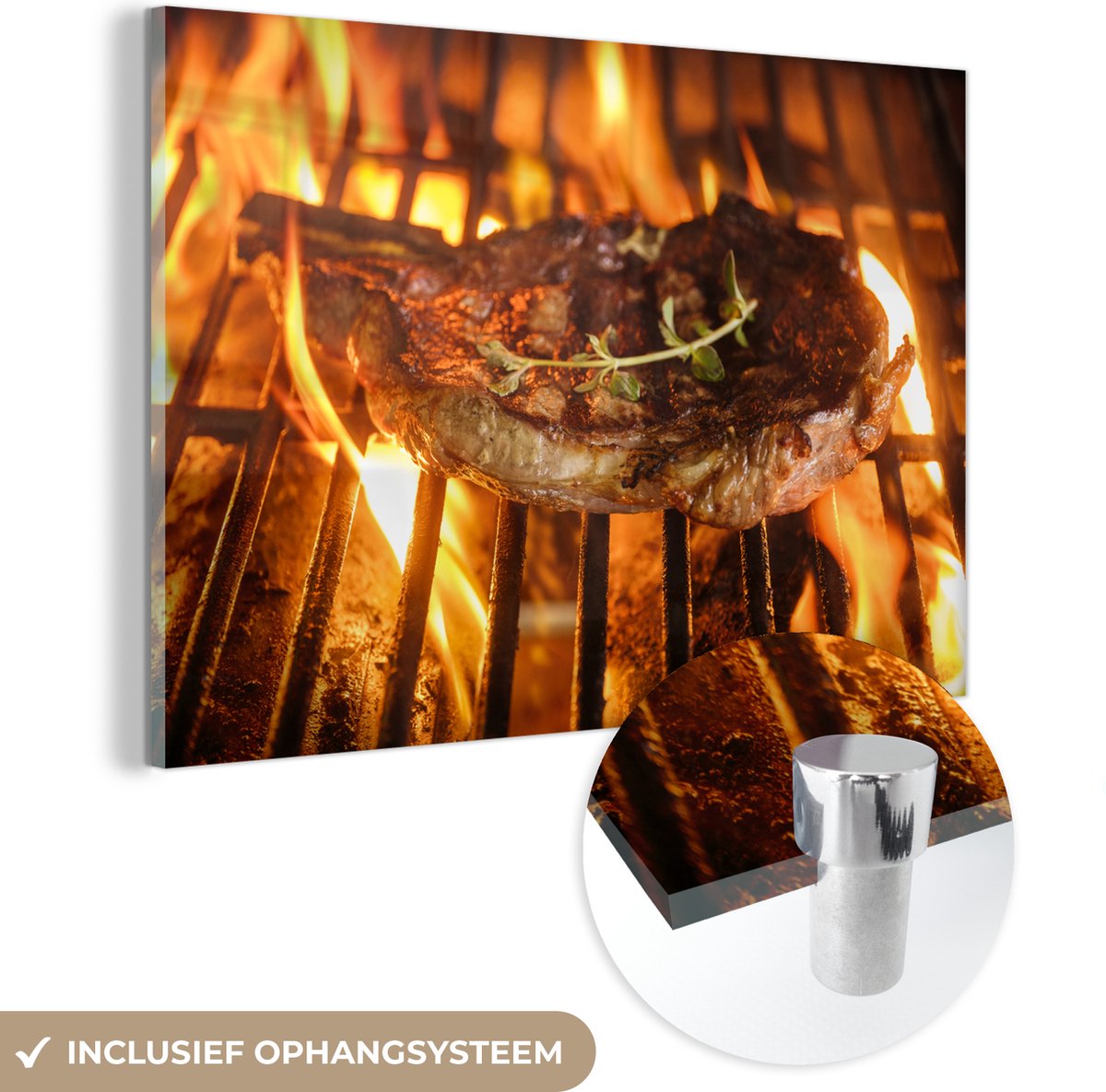 MuchoWow® Glasschilderij 120x80 cm - Schilderij acrylglas - BBQ - Vlees - Kruiden - Foto o