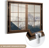 MuchoWow® Glasschilderij 150x100 cm - Schilderij acrylglas - Doorkijk - Berg - Sneeuw - Foto op glas - Schilderijen