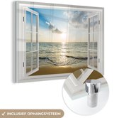 MuchoWow® Glasschilderij 120x80 cm - Schilderij acrylglas - Doorkijk - Zon - Zee - Foto op glas - Schilderijen