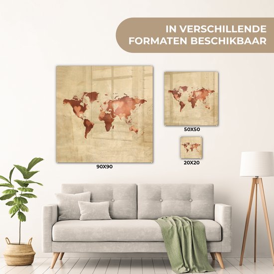 Peinture sur Verre - Carte du Wereldkaart - Amour - Couleurs - 20x20 cm - Peintures sur Verre Peintures - Photo sur Glas