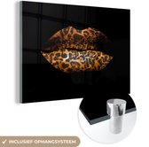 MuchoWow® Glasschilderij 60x40 cm - Schilderij acrylglas - Lippen - Tijgerprint - Zwart - Foto op glas - Schilderijen