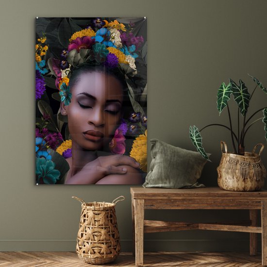 Peinture sur verre - Feuilles - Femme - Fleurs - 60x90 cm - Peintures Plexiglas